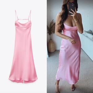 Zara Blogger Fave Pink Satin Style Tank Open Back Cut Out Midi Dress Medium